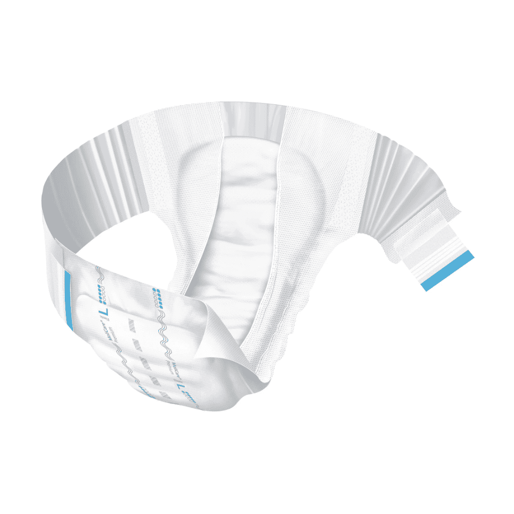 A Paul Hartmann AG Hartmann MoliCare® Premium Elastic termékcsaládjába tartozó, fehér és kék mintázatú felnőttpelenka íves elrendezésben jelenik meg fehér háttér előtt, ami kiemeli a termék nedvszívó és rugalmas tulajdonságait.