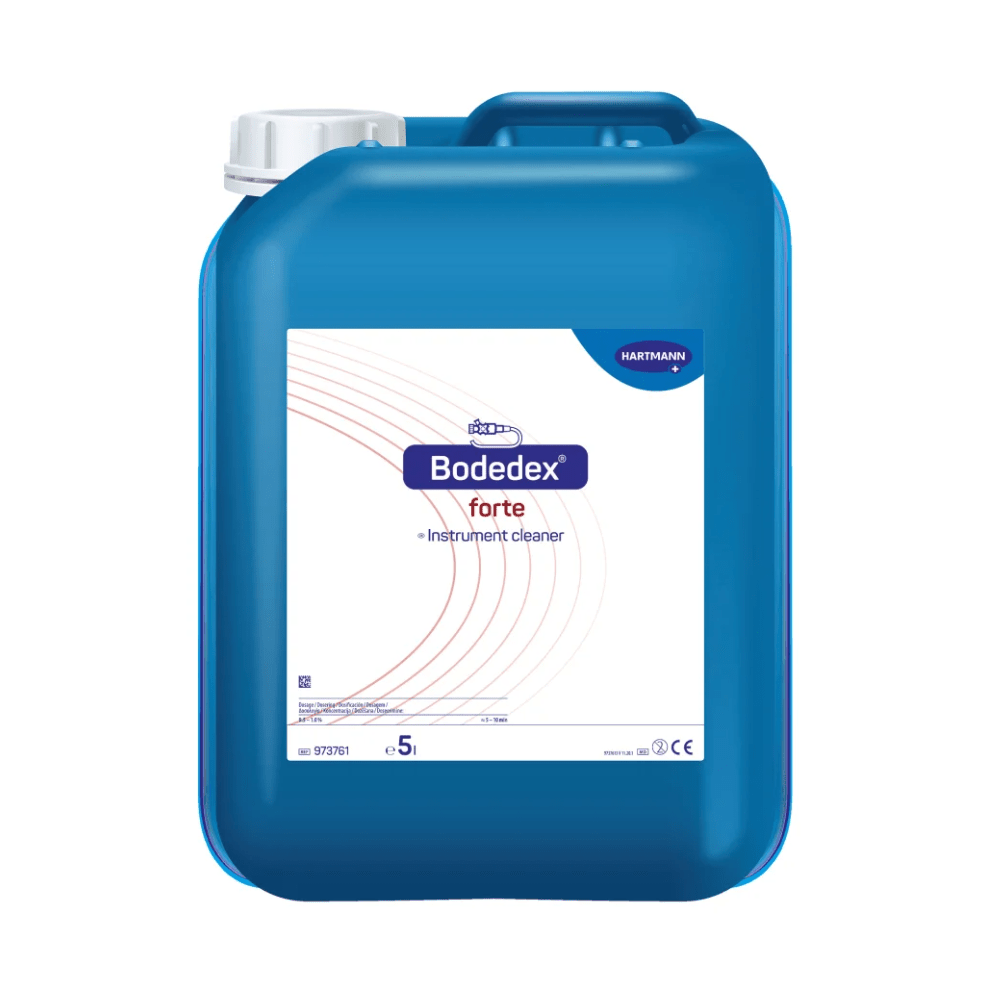 Egy kék műanyag kanna a Paul Hartmann AG „Hartmann Bodedex® forte műszer tisztítószer” felirattal, töltési szintjelöléssel és többnyelvű termékleírásokkal.
