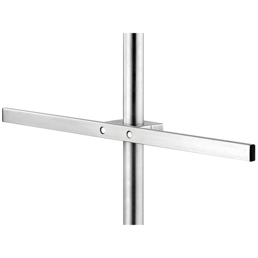 Die Novocal Euroschiene für Infusionsständer ist eine 558 mm lange, höhenverstellbare Edelstahlschiene (Edelstahl 1-fach) mit rechteckigem Querstück, zwei runden Verschlüssen und schwarzen Endkappen - ideal für medizinische Einrichtungen. Einfacher weißer Hintergrund.