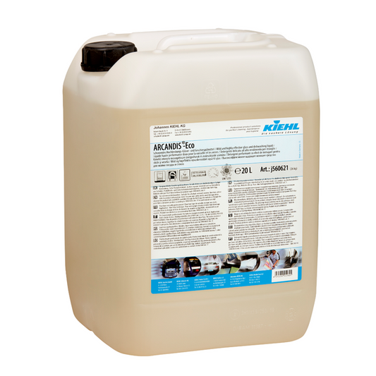 Ein großer durchsichtiger Kunststoffbehälter mit schwarzem Deckel, gefüllt mit Flüssigkeit. Auf dem Etikett steht "Kiehl ARCANDIS-Eco Schonendes Hochleistungs-Gläser- und Geschirrspülmittel" der Johannes Kiehl KG. Fassungsvermögen: 20 Liter.