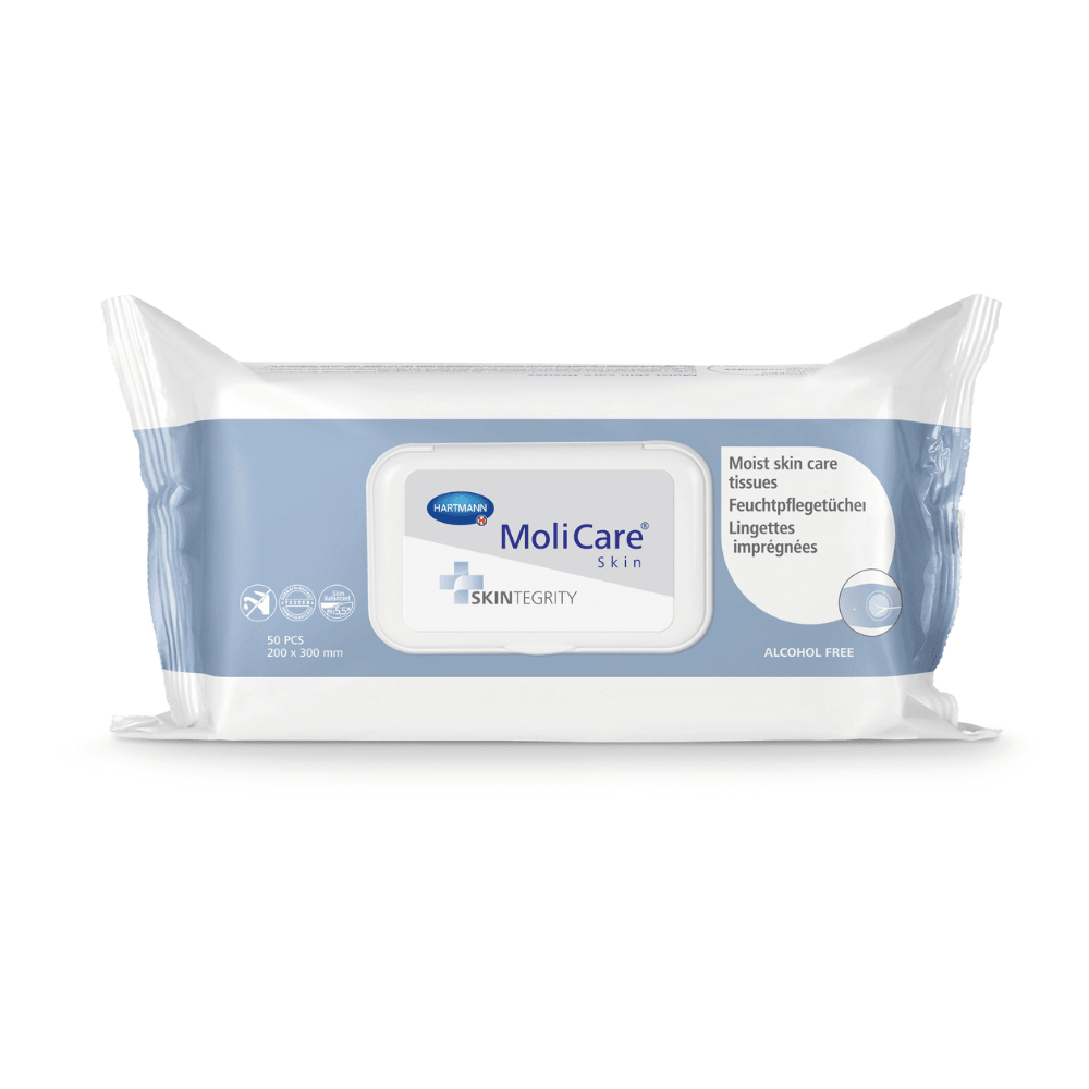 A Paul Hartmann AG gyártmányú MoliCare® Skin nedves bőrápoló törlőkendők csomagja fehér-kék csomagolásban, „nedves bőrápoló törlőkendők” felirattal, alkoholmentes, 20x méretben