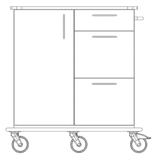 Eine Strichzeichnung des Novocal Pflege- und Arbeitswagens zeigt drei Schubladen und eine Schranktür auf der linken Seite. Auf dem robusten Vollkunststoffplattensockel sind vier große Lenkrollen angebracht.
