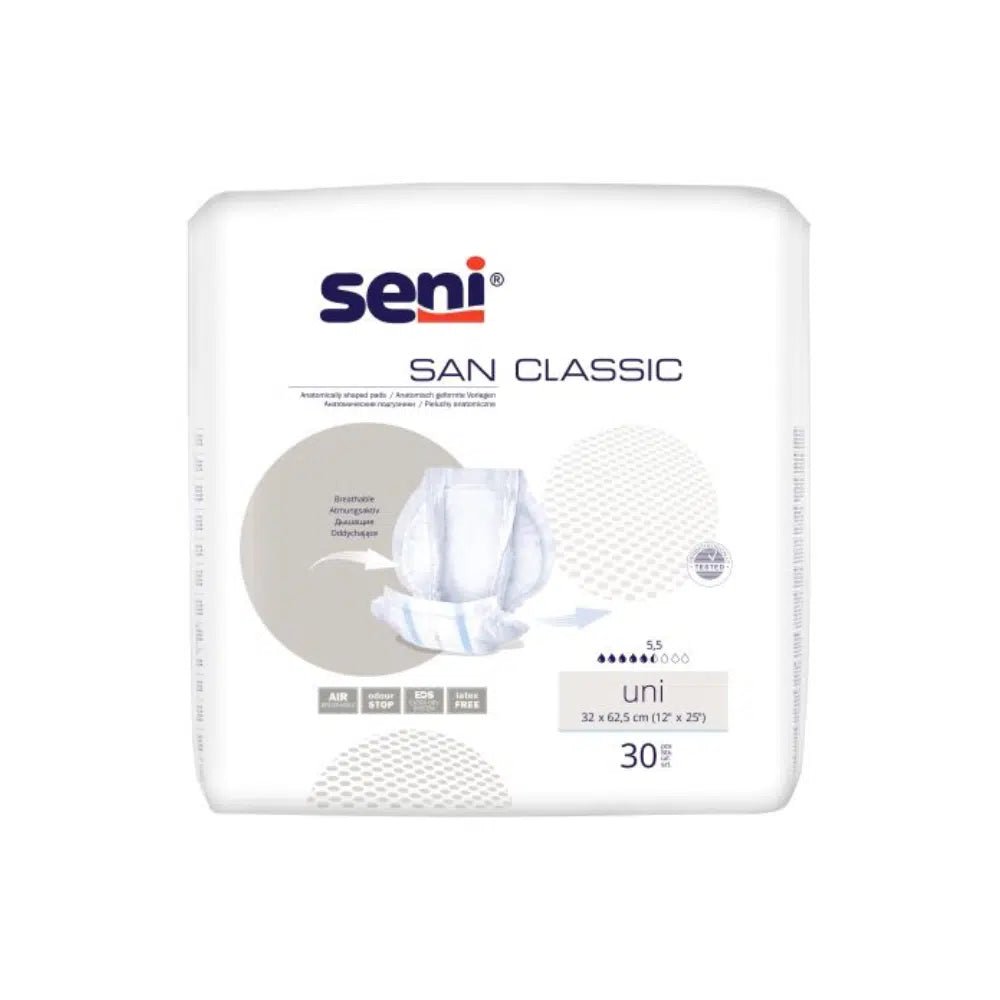 A képen egy San csomag látható Seni Classic Uni inkontinencia betét a TZMO Deutschland GmbH-tól. A csomagolás főként fehér, kék és bézs díszítéssel, és tartalmaz egy szöveget, amely a nedvszívó képességre és a méretre vonatkozó információkat tartalmaz. A kényelmesebb viselés érdekében a csomag 30 betétet tartalmaz.