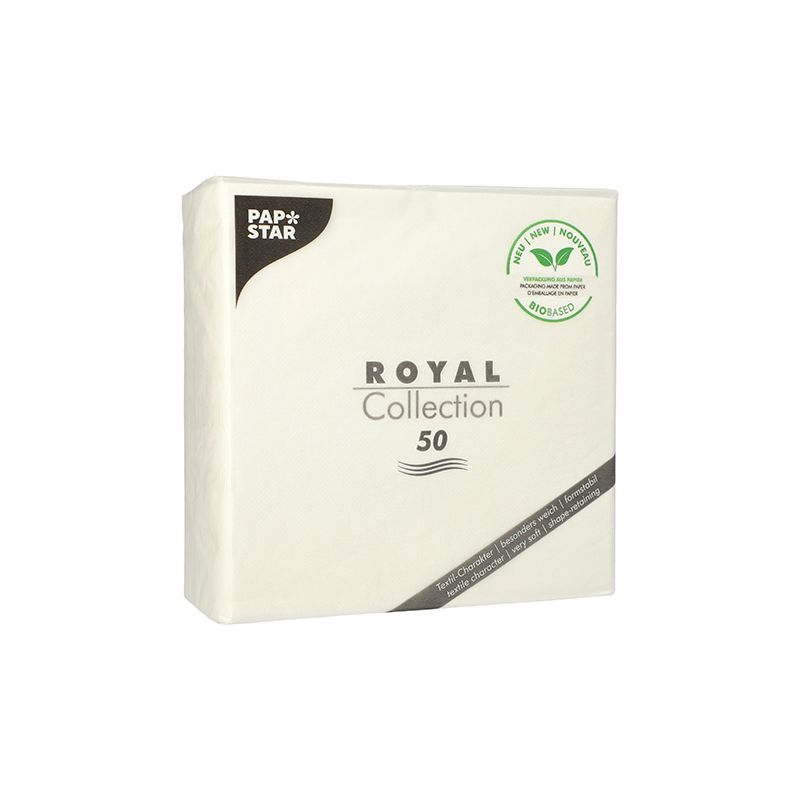 Egy csomag PAPSTAR A „ROYAL Collection” szalvéták 1/4-es hajtással, 50 darabos kiszerelésben kaphatók, és ideálisak az asztaldíszítéshez. A csomagoláson egy környezetbarát, levélmotívummal díszített címke található, amely jelzi, hogy a termék 100%-ban komposztálható. Ezek a fehér szalvéták, amelyeket a PAPSTAR A GmbH egyszerű és elegáns arculatot mutat.