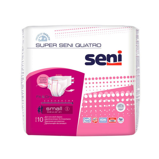Eine 10er-Packung Super Seni Quatro Inkontinenzhosen von TZMO Deutschland GmbH, Größe S, verfügt über ein rosa-weißes Design mit Produktinformationen und Symbolen für Auslaufschutz und wichtige Funktionen, geeignet bei Blasenschwäche.