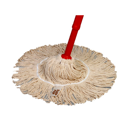 Der Vileda GmbH Auslaufartikel: Vileda Twist Mop (Swep), ein Nasswischmop aus 100% Baumwolle mit Stiel (1 Stück), wird vor weißem Hintergrund gezeigt-ideal für effektive Reinigung.