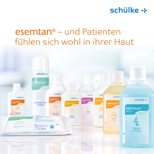 Auslaufartikel: Schülke esemtan® hautpflege Waschlotion 1 Liter hyclick (Flasche, 1 l) von Schülke & Mayr GmbH ist vor hellem Hintergrund mit dem Schüke-Logo und deutschem Text darüber abgebildet.