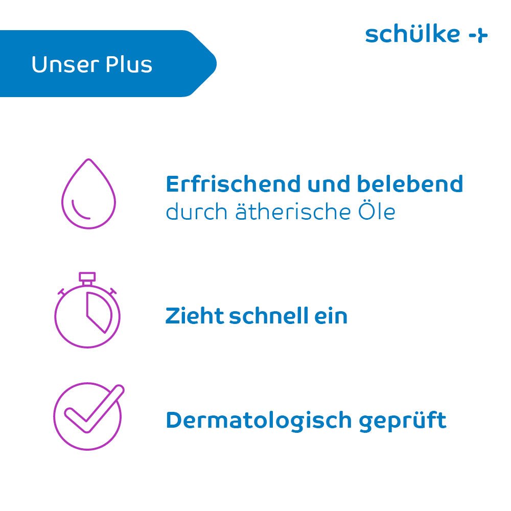 Egy német szöveget tartalmazó grafika a Schülke & Mayr GmbH bemutatásához, a Schülke esemtan® active Gel – 500 ml-es palack (500 ml) és három szimbólum. Az első szimbólum egy csepp, amelyen a következő felirat olvasható: „Frissítő és élénkítő hatású illóolajok.” A második szimbólum egy stopperóra, amelyen a „Gyorsan beszívódik” felirat olvasható. A harmadik szimbólum egy pipa, amelyen a „Dermatológiailag tesztelve” felirat olvasható.