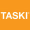 TASKI Logo, weiße Großbuchstaben auf orangefarbenem Hintergrund, mit ®-Symbol neben dem „I“, zentriert dargestellt