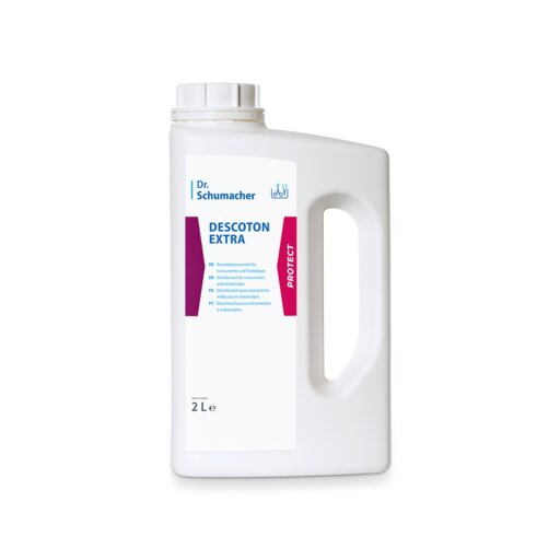 Ein weißer 2-Liter-Kunststoffbehälter mit Schraubverschluss und Henkel, beschriftet mit "Dr. Schumacher DESCOTON EXTRA Desinfektionsmittel" der Dr. Schumacher GmbH, zeigt blaue und rote Produktangaben auf weißem Hintergrund.