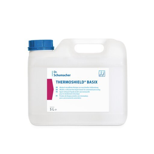 Egy fehér, 5 literes Dr. Schumacher GmbH kann, "THERMOSHIELD BASIX" felirattal, kék fedéllel és többnyelvű információkkal az elején - ideális felületvédelemre és hidegvédelemre.