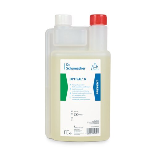 1 literes Dr. Schumacher OPTISAL® N fertőtlenítőszer piros kupakkal és mérőkamrával. A címke többnyelvű információkat tartalmaz, és egy kék PREVENT csíkot, ideális orvosi eszközök kíméletes tisztítására. Márka: Dr. Schumacher GmbH.
