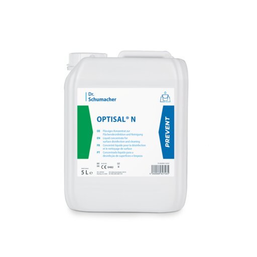 Egy fehér 5 literes műanyag tartály, amelyen a Dr. Schumacher GmbH "Dr. Schumacher OPTISAL® N" felirata szerepel, és amelyet orvosi eszközök kíméletes tisztítására és fertőtlenítésére fejlesztettek ki. A címke többnyelvű, és a jobb oldalon egy kék "PREVENT" csík található.