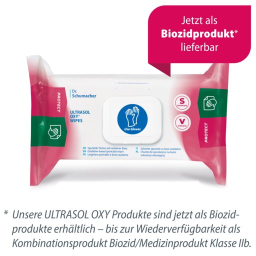 Egy csomag Dr. Schumacher Ultrasol Oxy Wipes fertőtlenítő kendő (108 kendő) kék "Use Gloves" (Kesztyű használata) szimbólummal van ellátva, és biocid termékként való elérhetőségére utal, ahol a német szöveg az orvosi eszközök használatát hangsúlyozza.
