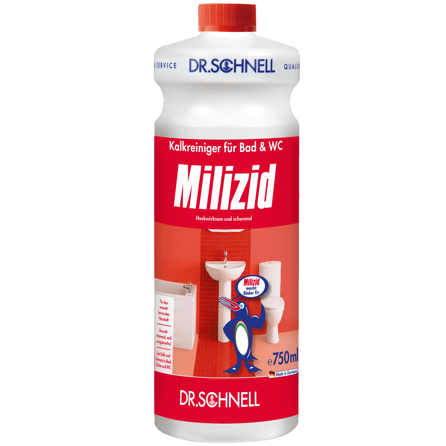 A 750 ml-es Dr. Schnell MILIZID KALKREINIGER a DR.SCHNELL GmbH & Co. KGaA-tól, piros-fehér címkével és fürdőszobai motívummal, egy erőteljes vízkőoldó a fürdőszoba és a WC tisztítására.