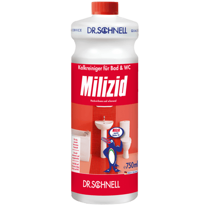 A 750 ml-es Dr. Schnell MILIZID KALKREINIGER a DR.SCHNELL GmbH & Co. KGaA-tól, piros-fehér címkével és fürdőszobai motívummal, egy erőteljes vízkőoldó a fürdőszoba és a WC tisztítására.