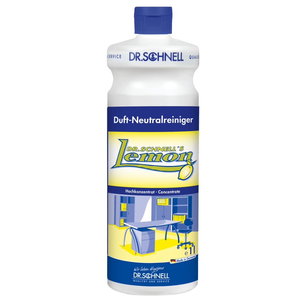 Egy műanyag flakon Dr. Schnell DR.SCHNELL'S LEMON a DR.SCHNELL GmbH & Co. KGaA-tól, kék kupakkal és sárga-kék címkével, amely egy modern konyhát ábrázol, ideális háztartási tisztításhoz.