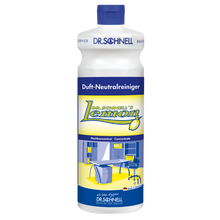 Eine Kunststoffflasche von Dr. Schnell DR.SCHNELL'S LEMON der DR.SCHNELL GmbH & Co. KGaA, mit blauem Verschluss und gelb-blauem Etikett, das eine moderne Küche zeigt, ideal für die Haushaltsreinigung.