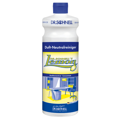 Egy műanyag flakon Dr. Schnell DR.SCHNELL'S LEMON a DR.SCHNELL GmbH & Co. KGaA-tól, kék kupakkal és sárga-kék címkével, amely egy modern konyhát ábrázol, ideális háztartási tisztításhoz.