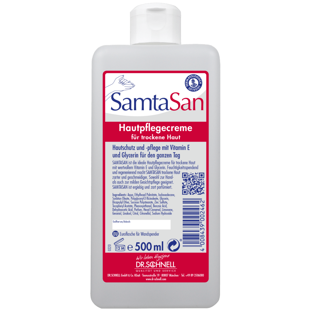 A 500 ml-es DR.SCHNELL GmbH & Co. KGaA Dr. Schnell SAMTASAN adagolóflakon egy fehér ápolókrém száraz bőrre, felnyitható záróval és német címkével, ideális professzionális tisztításhoz és tisztítóeszközökkel való használatra.