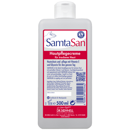 A 500 ml-es DR.SCHNELL GmbH & Co. KGaA Dr. Schnell SAMTASAN adagolóflakon egy fehér ápolókrém száraz bőrre, felnyitható záróval és német címkével, ideális professzionális tisztításhoz és tisztítóeszközökkel való használatra.