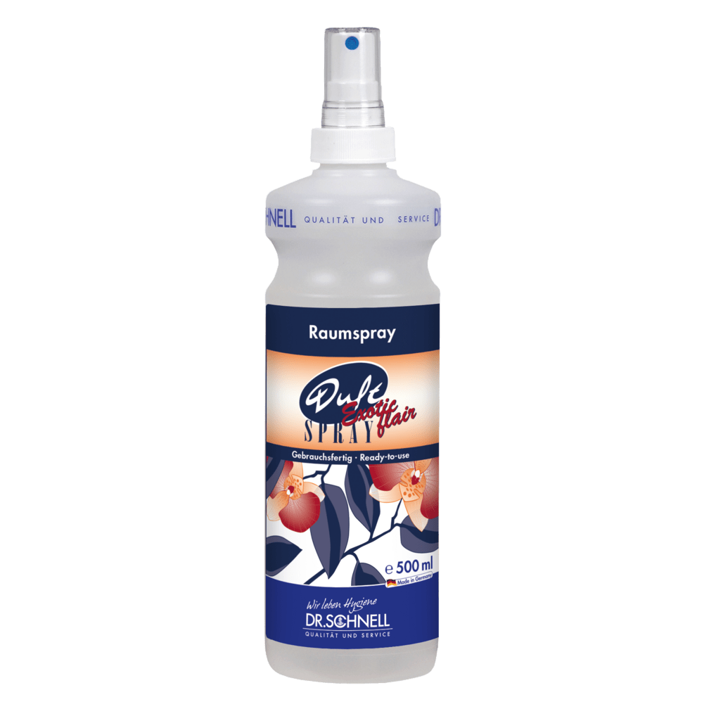 Egy 500 ml-es DR.SCHNELL DUFTSPRAY EXOTIC FLAIR üveg a DR.SCHNELL GmbH & Co. KGaA-tól, ideális keleti légfrissítőként az épülettisztításban, virágos kék-fehér címkével és átlátszó szórófejjel fehér alapon ábrázolva.