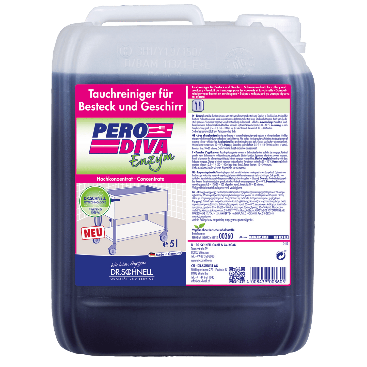 Egy 5 literes műanyag tartály a Dr. Schnell PERO DIVA merítőfürdős tisztítószerrel a DR.SCHNELL GmbH & Co. KGaA konyhai és élelmiszer-higiéniai célokra, rózsaszín és fehér címkével, amelyen termékinformációk, utasítások és csillogó edények képei találhatók.