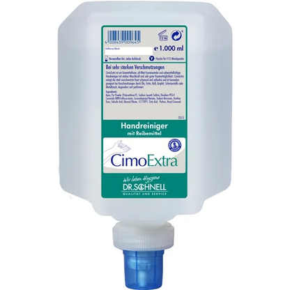 Ein 1.000 ml Dr. Schnell CIMOEXTRA Spenderflaschen Hautreinigung mit Scheuermittel von DR.SCHNELL GmbH & Co. KGaA, mit blauem Spenderverschluss und grün-weißem Etikett mit Produkt- und Markenangaben.