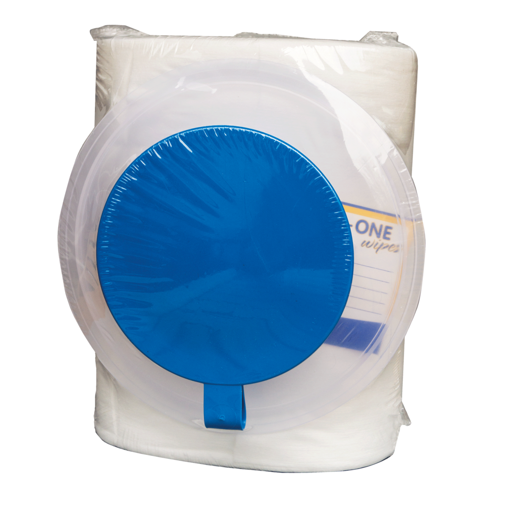 Eine Packung der DR.SCHNELL GmbH & Co. KGaA Dr. Schnell DESIFOR-ONE WIPES ungetränkte Vliestücher (90 Tücher), in Kunststoff verpackt mit blauem Spenderdeckel und teilweise sichtbarem Etikett auf der rechten Seite.