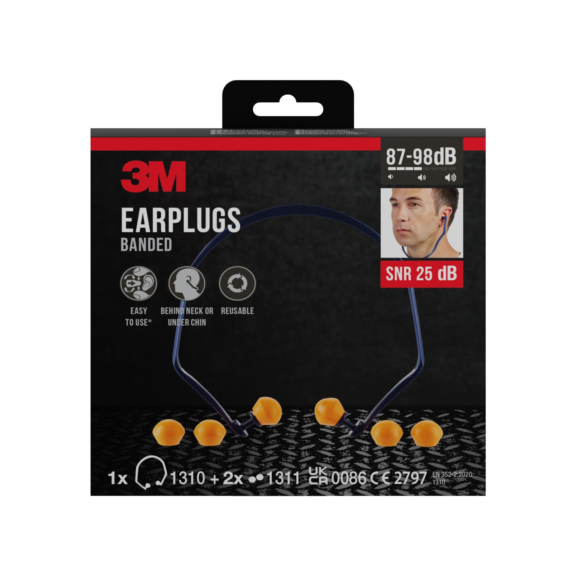 Die Abbildung zeigt eine Schachtel 3M™ Bügelgehörschutz 1310 mit 2 Paar Ersatzstöpseln, SNR 24-25 dB, einfach hinter dem Nacken oder unter dem Kinn zu verwenden, wiederverwendbar; von 3M Deutschland GmbH. Die Verpackung zeigt das Produkt und die wichtigsten Eigenschaften.