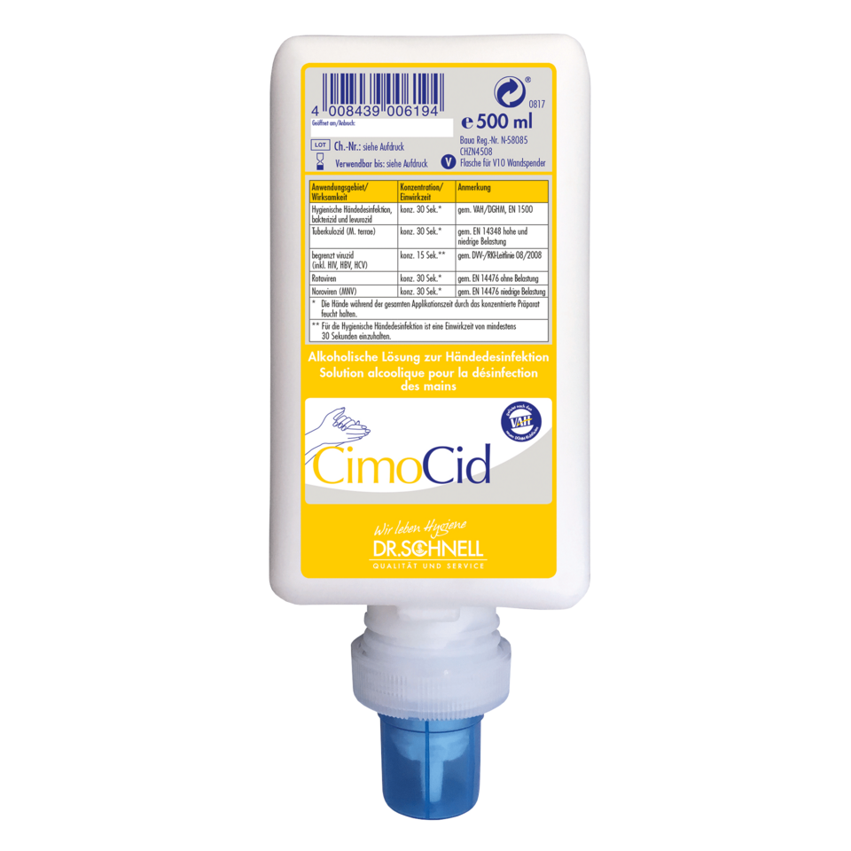 Eine 500 ml Flasche Dr. Schnell CIMOCID Alkoholische Händedesinfektion der DR.SCHNELL GmbH & Co. KGaA, mit einer blauen Pumpe und einem weißen Etikett mit Produktinformationen und Anwendungshinweisen in mehreren Sprachen.
