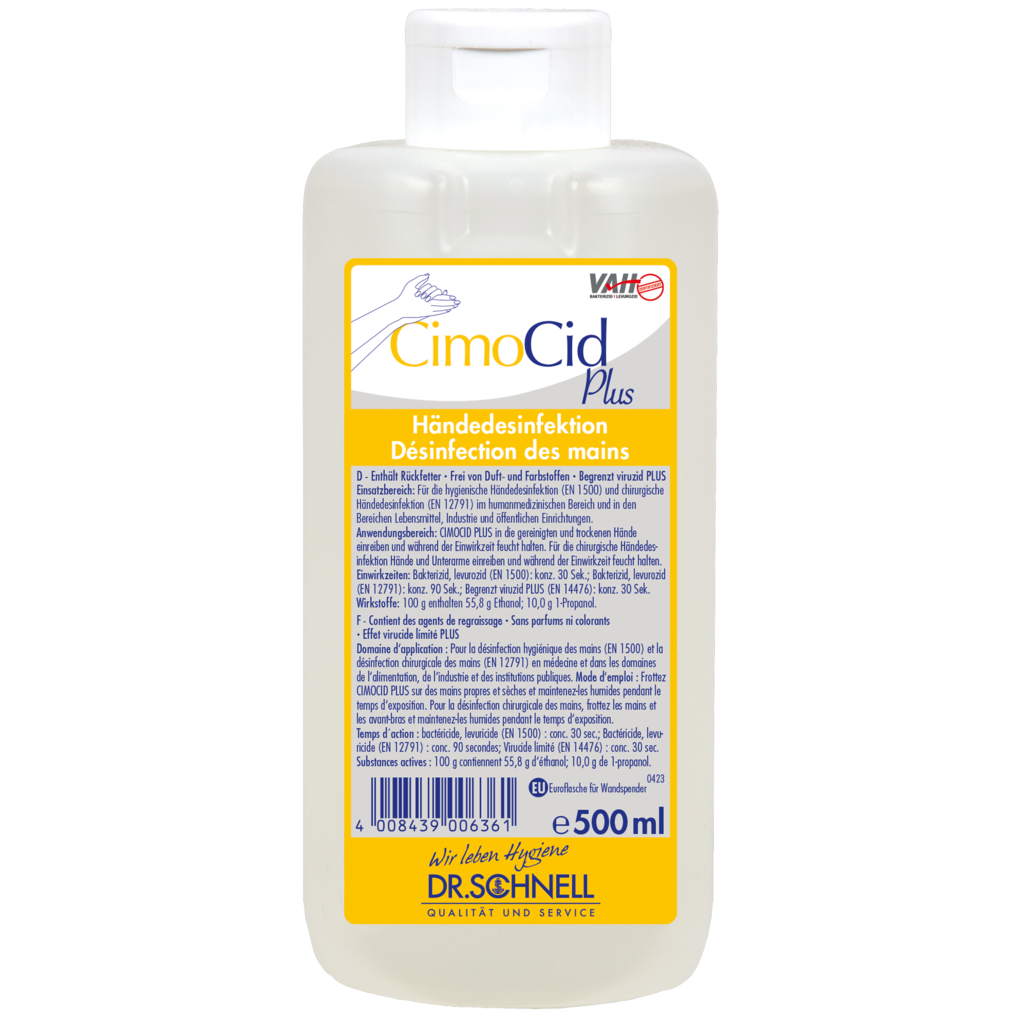 Eine 500 ml Flasche Dr. Schnell CIMOCID PLUS Händedesinfektion der DR.SCHNELL GmbH & Co. KGaA mit weißem Flip-Top-Verschluss; das Etikett enthält deutsche und französische Produktangaben, Anwendungshinweise und Sicherheitsinformationen.