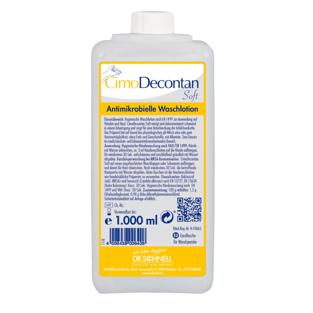 Egy 1000 ml-es üveg Dr. Schnell CIMODECONTAN SOFT antimikrobiális mosakodókrémből a DR.SCHNELL GmbH & Co. KGaA-tól, sárga-kék címkével és német használati utasítással a bőr és a kezek higiénikus tisztítására.