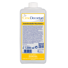 Eine 1.000 ml Flasche Dr. Schnell CIMODECONTAN SOFT Antimikrobielle Waschlotion von DR.SCHNELL GmbH & Co. KGaA, mit gelb-blauem Etikett und deutscher Anleitung zur hygienischen Reinigung von Haut und Händen.