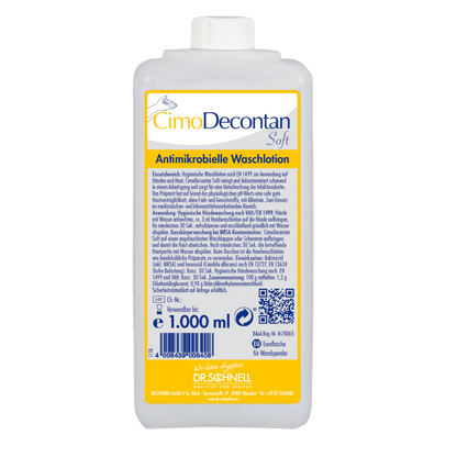 Egy 1000 ml-es üveg Dr. Schnell CIMODECONTAN SOFT antimikrobiális mosakodókrémből a DR.SCHNELL GmbH & Co. KGaA-tól, sárga-kék címkével és német használati utasítással a bőr és a kezek higiénikus tisztítására.