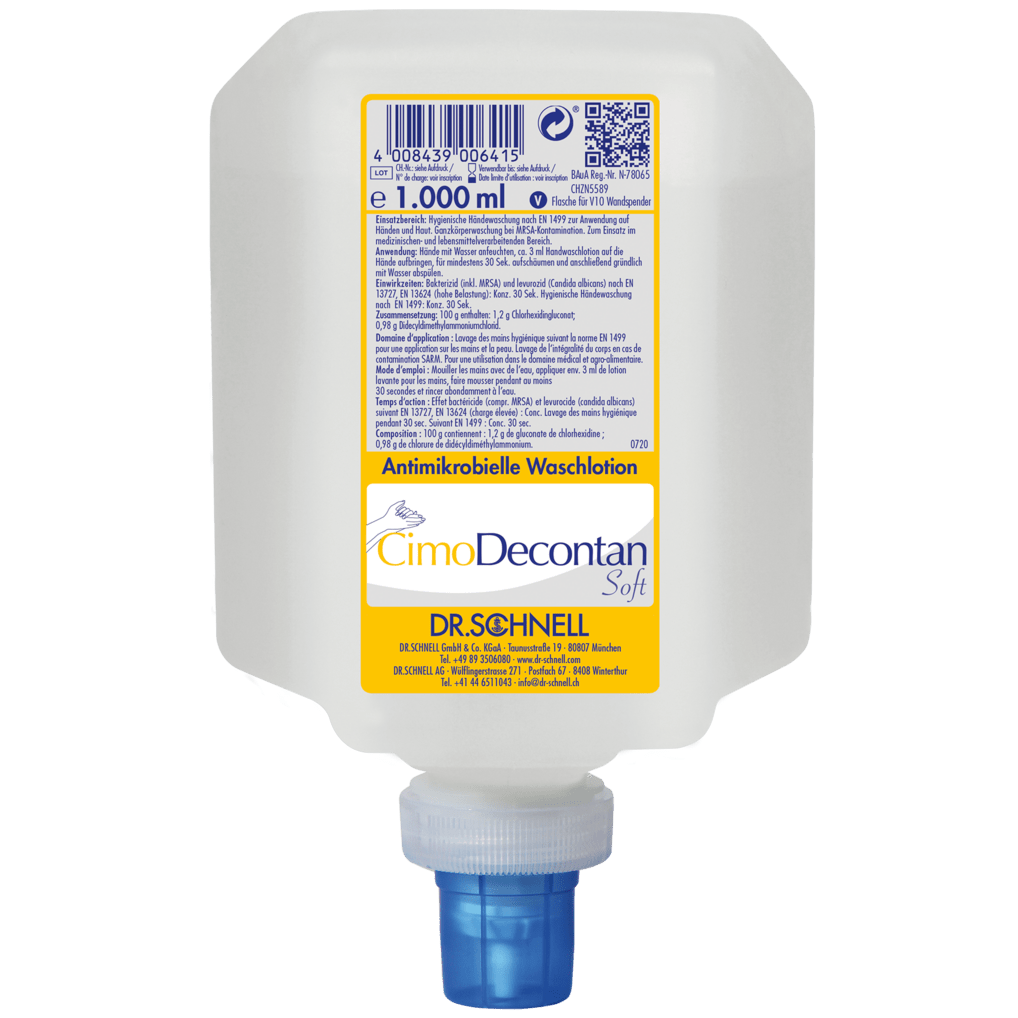 Egy 1000 ml-es műanyag adagoló a Dr. Schnell CIMODECONTAN SOFT antimikrobiális mosakodókrémből a DR.SCHNELL GmbH & Co. KGaA-tól, sárga-fehér címkével és kék kupakkal, higiénikus bőr- és kéztisztításhoz.