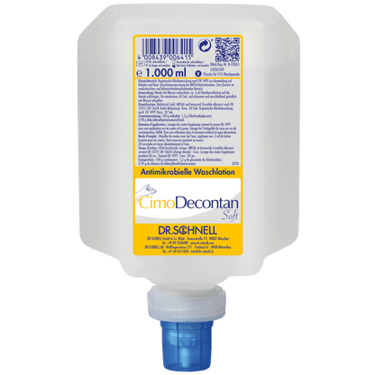 Egy 1000 ml-es műanyag adagoló a Dr. Schnell CIMODECONTAN SOFT antimikrobiális mosakodókrémből a DR.SCHNELL GmbH & Co. KGaA-tól, sárga-fehér címkével és kék kupakkal, higiénikus bőr- és kéztisztításhoz.