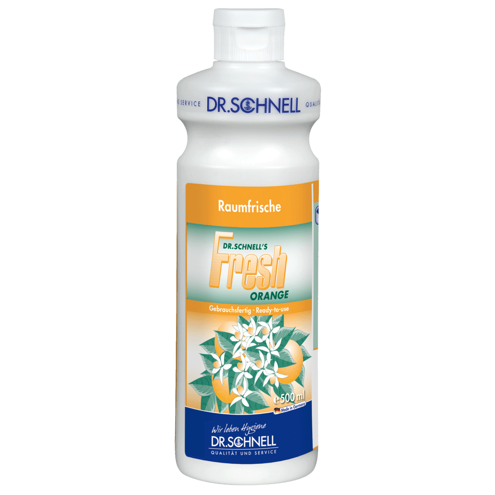Fehér 500 ml-es műanyag palack a Dr. Schnell FRESH ORANGE légfrissítőből friss narancs illattal a DR.SCHNELL GmbH & Co. KGaA-tól, narancsvirágok és narancsok képeivel a címkén.