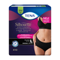 Abgebildet ist eine Packung TENA Silhouette Normal Noir Inkontinenzslips von TENA - Essity Germany GmbH, die 10 hochtaillierte Slips in Größe L für Frauen mit Blasenschwäche enthält. Die Verpackung zeigt den Mittelteil einer Frau, die das Produkt trägt.
