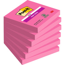 Ein Sechserpack rosa Post-it® Super Sticky Notes 654-6SS-PPNK (76 mm x 76 mm, 90 Blatt pro Block) von 3M Deutschland GmbH, PEFC-zertifiziert, mit den Aufdrucken "Notes" und "Super Sticky" in Weiß und Lila auf dem oberen Block.