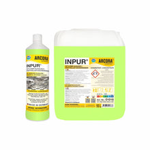 Zwei Arcora INPUR FETTLÖSER ALKALISCH / KRAFTVOLLER KÜCHENREINIGER Gebinde der Arcora International GmbH: eine weiße Flasche mit gelbem Deckel und Etikett und ein großer durchsichtiger gelb-grüner 10L-Krug. Alkalische Formel für die kraftvolle Küchenreinigung.