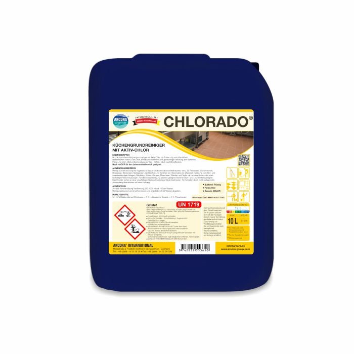 Egy kék 10 literes Arcora Chlorado konyhai alap tisztítószer aktív klórral az Arcora International GmbH-tól. A német címke tartalmazza az alkalmazási utasításokat, a veszélyszimbólumokat és a részletes termékinformációkat.