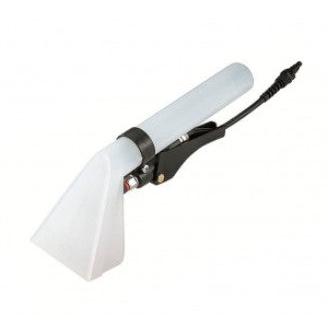 Der Arcora Polsteradapter Aus Kunststoff von Arcora International GmbH ist ein handgeführtes Gerät mit einer durchsichtigen Kunststoffdüse, schwarzem Abzugsgriff und Schlauch zur Reinigung von Teppichen und Polstern - perfekt für Möbelpolster.