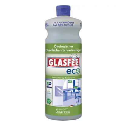 Dr. Schnell GlasFee Eco felületi tisztítószer a DR.SCHNELL GmbH & Co. KGaA-tól zöld-fehér címkével és kék kupakkal ellátott palackban kapható, környezetbarát, használatra kész és az EU ökocímkéjével környezetbarát általános tisztítószerként tanúsított.