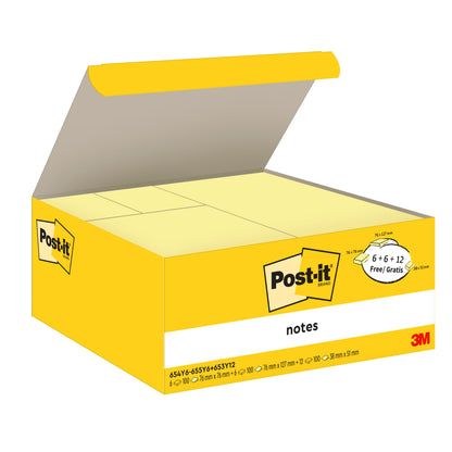 Egy sárga doboz Post-it® Notes-szal (különböző méretek) a 3M Deutschland GmbH-tól, kartoncsomagolás nyitott fedéllel, több sárga padot mutat. 12 tömb + 12 ingyenes/csomag. 100% PEFC tanúsítvánnyal rendelkező papírból készült.