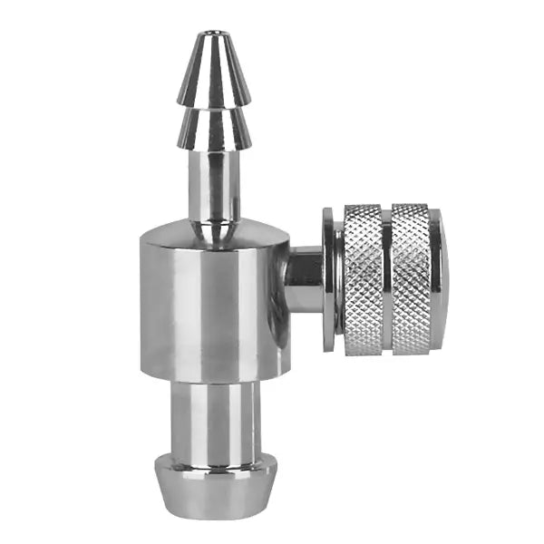 A Pressure Man II leeresztőszelep, standard forgócsavarral (1 darab), egy rozsdamentes acélból készült CO2 visszacsapószelep recézett fogantyúval és fúvókával, ideális ital- vagy akváriumrendszerekhez, fehér háttéren ábrázolva.