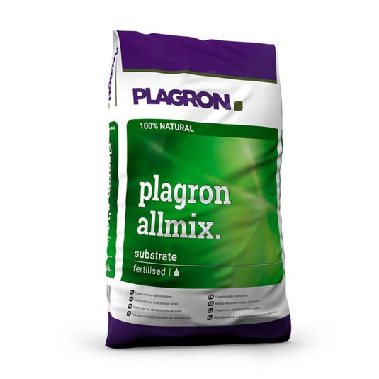 A Bertels B.V. által gyártott Plagron Allmix 50L egy zöld-lila színű zsák, amelyen fehér betűkkel a „100% természetes” felirat olvasható. A termék szerves előtrágyázással dúsított, és a növények növekedésének elősegítését jelző gilisztahumusz-szimbólumokkal van ellátva.