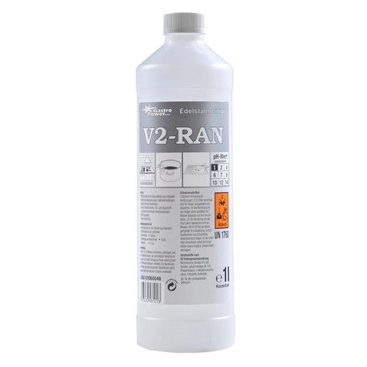 GastroPower V2-RAN, 1 l (4*1) von Abena Re-Seller GmbH: Edelstahlreiniger in der Kunststoffflasche mit grau/weißem Etikett, Anleitung, pH-Skala und Gefahrensymbolen - ideal für die hygienische Reinigung in gastronomischen Betrieben.