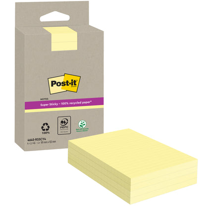 A képen látható egy csomag Post-it® Super Sticky 100% újrahasznosított jegyzet a 3M Deutschland GmbH-tól (sárga, vonalas, 102 x 152 mm, 45 lap/blokk, 4 blokk/csomag) PEFC (SGSCH-PEFC-COC-110078) barna csomagolással és sárga címkével.
