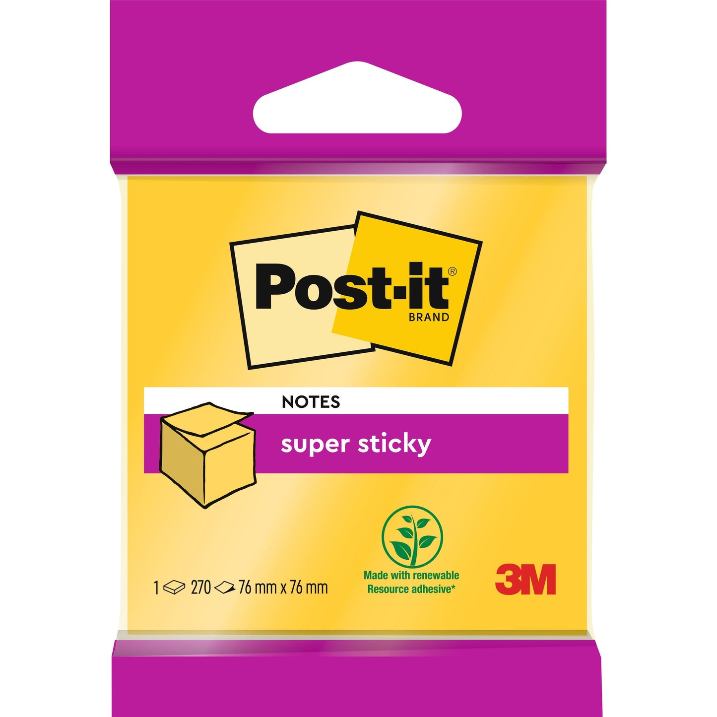 Egy csomag Post-it® Super Sticky Notes kocka, 76 mm x 76 mm, a 3M Deutschland GmbH-tól. 270 sárga lapot tartalmaz, lila fej- és lábrésszel, 3M logóval, és 100% PEFC-tanúsítvánnyal rendelkező, megújuló nyersanyagokból készült ragasztót használ.